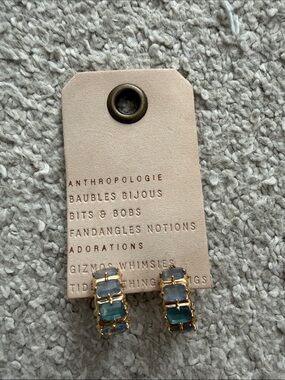 Anthropologie Gold Hoop Earrings with Blue and Teal Gem Panels